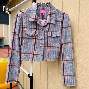 Plaid Cropped Jacket with Pink Lining - Size S